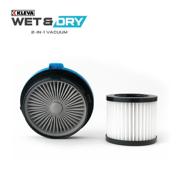 Two cylindrical Hepa Filters from Kleva Range, compatible with KRAPOF® Wet & Dry 2-in-1 Vacuums, are shown—one lying flat and one upright—featuring white pleats, black edges, and the Krapof logo in the top left corner.