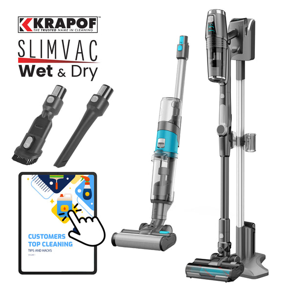 The Power Pack Battery for KRAPOF® Wet & Dry 2-in-1 Vacuum by Kleva Range stands upright on its charging base, with two accessory nozzles and a cleaning tips booklet featuring an illustrated hand holding a brush.