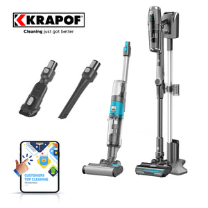 Krapof vacuum cleaner with attachments and app on a white background