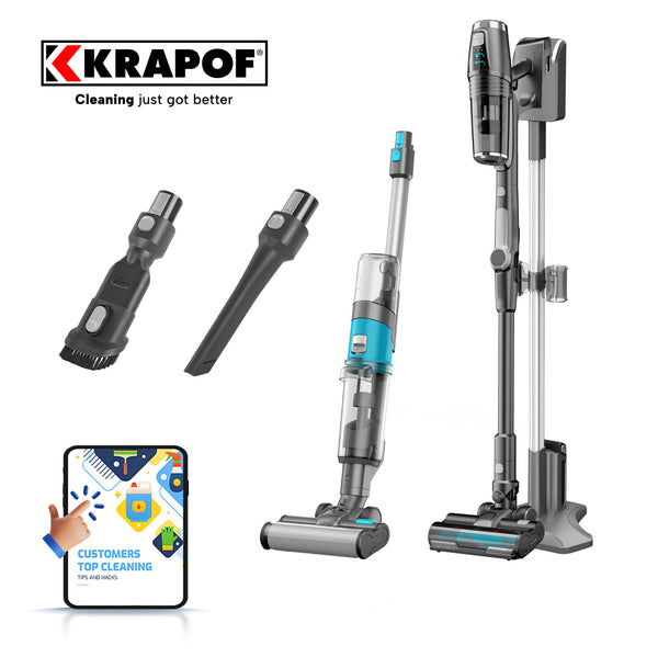 Krapof vacuum cleaner with attachments and app on a white background