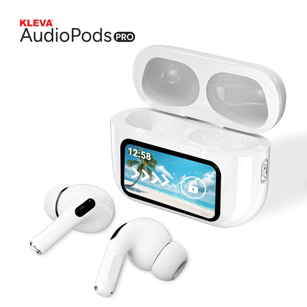 A pair of white Kleva Range True Wireless Noise Cancelling AudioPods Pro with their open touch screen charging case displaying the time, beach scene, and battery status. The product is labeled "Kleva AudioPods Pro.