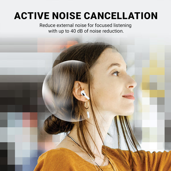 A woman wears Kleva Range True Wireless Noise Cancelling AudioPods Pro with Touch Screen & Charging Case. A transparent bubble encircles her ear against a pixelated background. Text above highlights up to 40 dB Active Noise Cancellation.