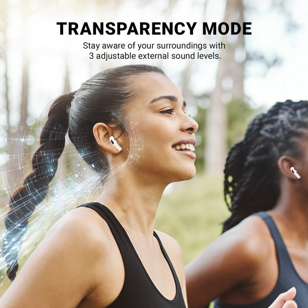 Two women jog outside wearing Kleva Range True Wireless Noise Cancelling AudioPods Pro with Touch Screen & Charging Case. Digital effects highlight noise cancellation. Text: “TRANSPARENCY MODE – 3 adjustable external sound levels for situational awareness.”.