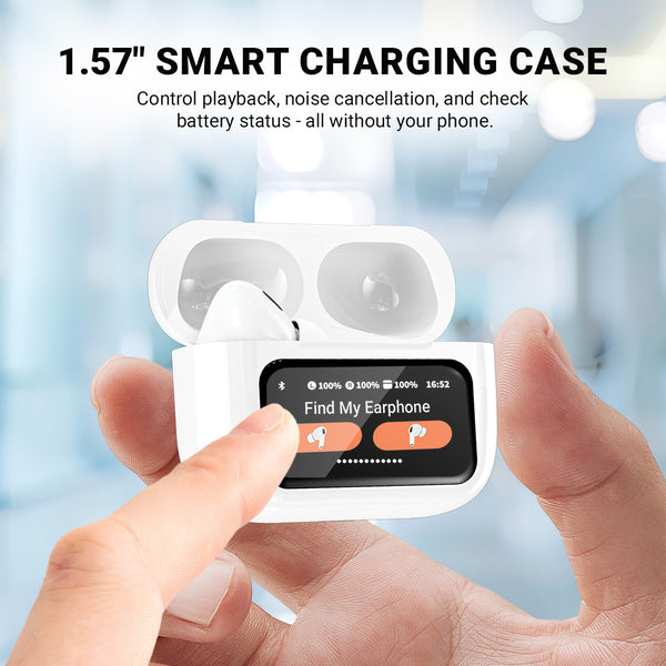 A hand holds the Kleva Range True Wireless Noise Cancelling AudioPods Pro with Touch Screen & Charging Case, featuring a digital display for earbud status and Find My Earphone. Active noise cancellation ensures crisp audio. The bright background is blurred.