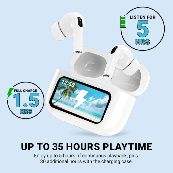 Experience the Kleva Range True Wireless Noise Cancelling AudioPods Pro with a touch screen charging case. Get 5 hours per charge, quick 1.5-hour recharging, and up to 35 hours total playtime.