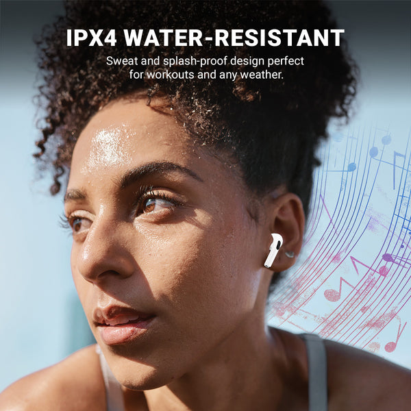 A person with visible sweat wears white Kleva Range True Wireless Noise Cancelling AudioPods Pro with Touch Screen & Charging Case. “IPX4 Water-Resistant” appears above, showing they're sweat and splash-proof—perfect for workouts. Colorful musical notes in the background.