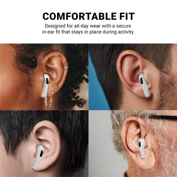 Four close-up shots show different people wearing white Kleva Range True Wireless Noise Cancelling AudioPods Pro, highlighting a secure, comfortable fit. Text above reads: Comfortable Fit, with info on ergonomic design and active noise cancellation.
