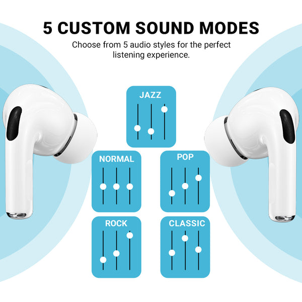A pair of white Kleva True Wireless Noise Cancelling AudioPods Pro with Touch Screen & Charging Case by Kleva Range is shown with blue sound waves and five adjustable sound modes—Jazz, Normal, Pop, Rock, and Classic—displayed as sliders between them.