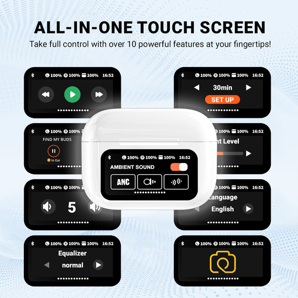A Kleva Range True Wireless Noise Cancelling AudioPods Pro with Touch Screen & Charging Case is shown on a dark background, surrounded by nine feature icons, including battery, ANC, volume, language, equalizer, ambient sound, and device finder.