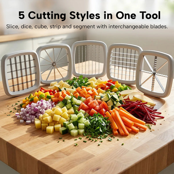 Interchangeable blades for vegetable chopper showing five cutting styles for slicing, dicing and cubing vegetables