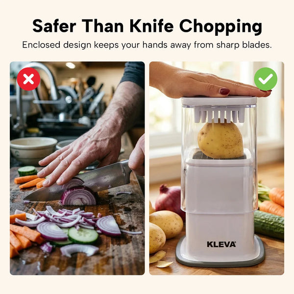 Safe vegetable chopper with enclosed blade design compared to knife chopping on cutting board
