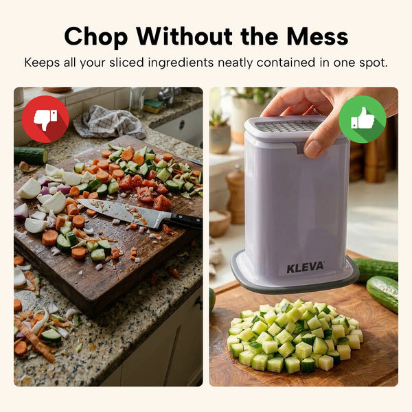 Mess-free vegetable chopper with container that keeps diced vegetables neatly inside