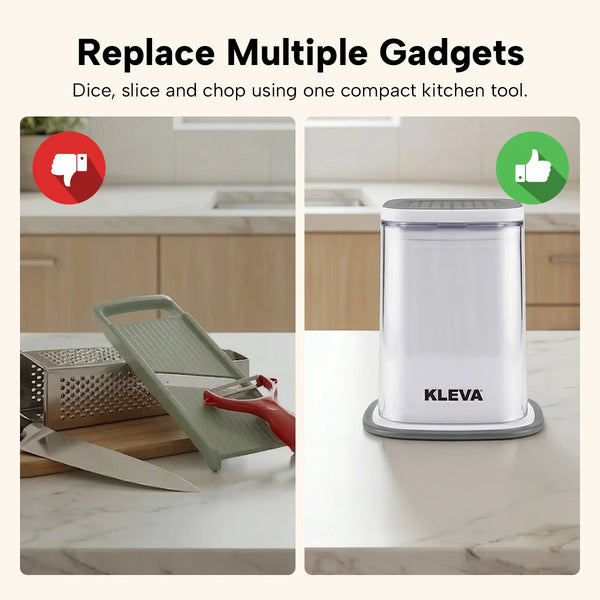 Compact kitchen vegetable chopper replacing multiple kitchen gadgets like graters and slicers