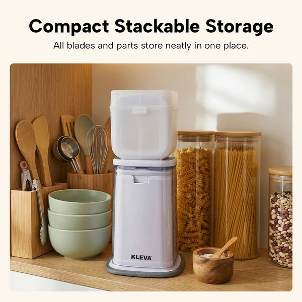 Stackable storage vegetable chopper with organised blades and compact kitchen storage design