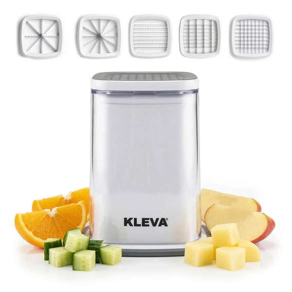Kleva ChipChop vegetable chopper with multiple interchangeable blades and fresh chopped fruits and vegetables