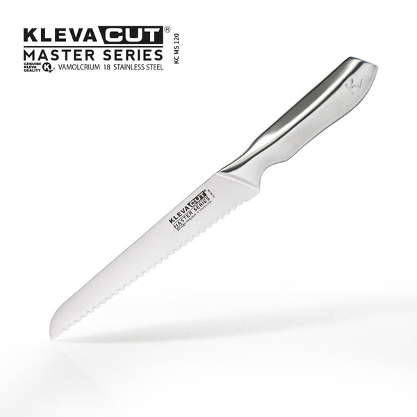 The KlevaCut® Master Series Double-Edge Serrated Bread Knife - 20cm by Kleva Range features an ergonomic metallic handle and a precision-crafted Japanese steel blade with product details on the edge, shown against a plain white background.