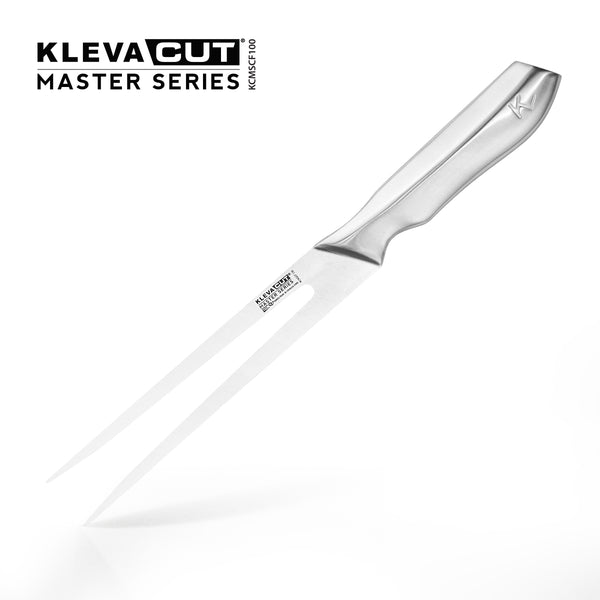 The KlevaCut® Master Series Professional Carving Fork by Kleva Range features precision stainless steel prongs and an ergonomic handle, with its name and model (KlevaCut KCMFSF100) displayed on the handle.