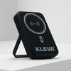 Black wireless charging device with Kleva branding on a light gray background