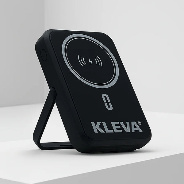 Black wireless charging device with Kleva branding on a light gray background