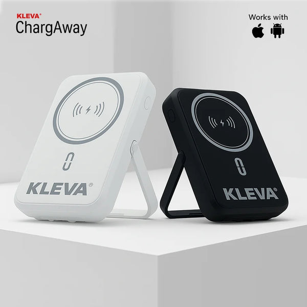 Two Kleva wireless charging devices, one white and one black, on a light gray background.