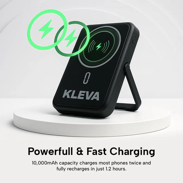 Kleva wireless charging device with green charging symbols on a white background