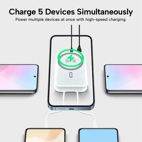 Wireless charging station with five devices being charged simultaneously on a white background.