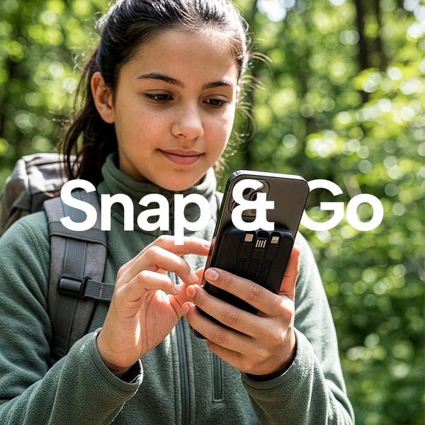 Person holding a phone with 'Snap & Go' text, outdoors