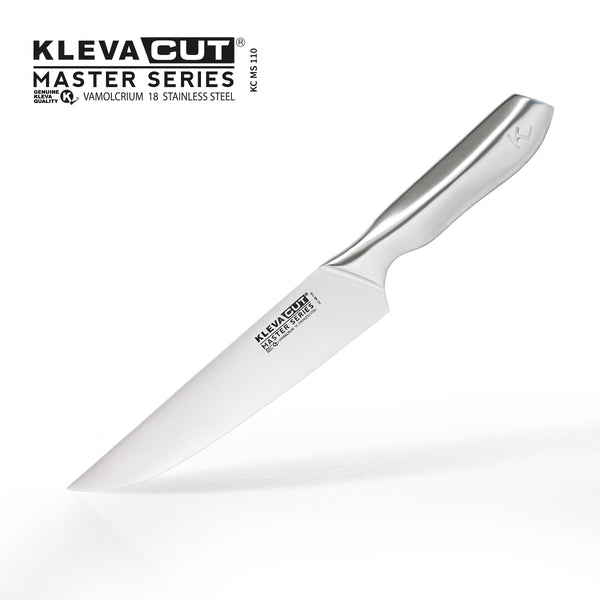 The KlevaCut® Master Series Professional Chef Knife - 20cm by Kleva Range is displayed on a white background, with text on the blade and in the corner highlighting the brand and premium Vanolcrium 18 Japanese Steel.