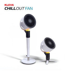 Two contemporary white and black KLEVA ChillOut Fans from the Kleva Range are displayed—one model features a tall stand while the other has a compact tripod base. Utilizing Turbospin Airflow Technology, these fans deliver powerful, portable cooling ideal for any space. The text “Kleva Chillout Fan” appears in the top left corner.