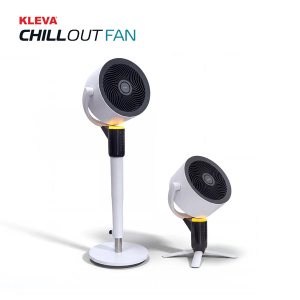 Two contemporary white and black KLEVA ChillOut Fans from the Kleva Range are displayed—one model features a tall stand while the other has a compact tripod base. Utilizing Turbospin Airflow Technology, these fans deliver powerful, portable cooling ideal for any space. The text “Kleva Chillout Fan” appears in the top left corner.