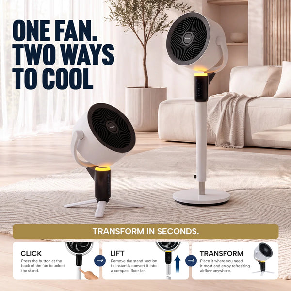 The Kleva Range KLEVA ChillOut Fan is featured in two configurations: standing tall on a sleek white pole and positioned lower without the pole. The display highlights its versatility, powered by advanced Turbospin Airflow Technology, and illustrates the simple steps to transition between modes. Set in a contemporary living room, the fan’s modern and stylish design stands out, showcasing its portability and suitability for any space.