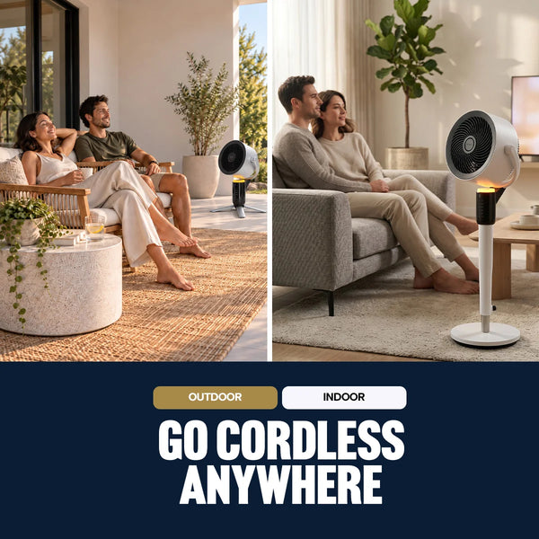 Two people relax on a patio and in a living room with the Kleva Range KLEVA ChillOut Fan—a portable fan equipped with Turbospin Airflow Technology—nearby. The image is split to showcase both outdoor and indoor use. Text at the bottom reads: Go Cordless Anywhere. Outdoor. Indoor.