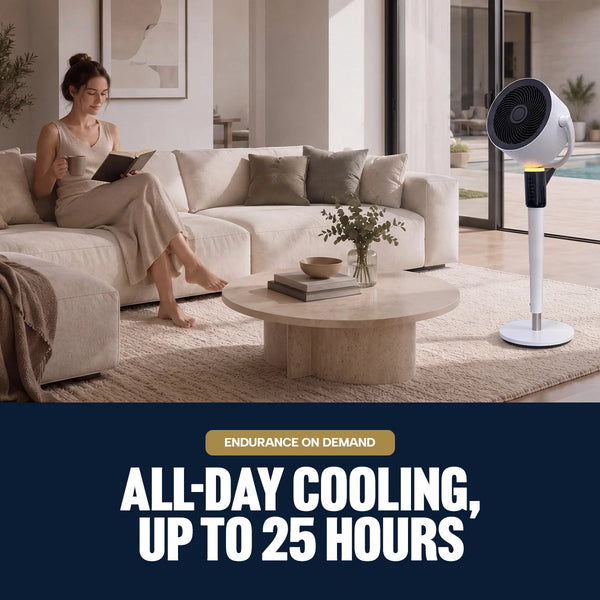 A woman relaxes on a beige sofa with a book in her modern living room. Nearby, the Kleva Range KLEVA ChillOut Fan, featuring advanced Turbospin Airflow Technology, provides a refreshing breeze. Text reads: Endurance on demand. All-day cooling, up to 25 hours.