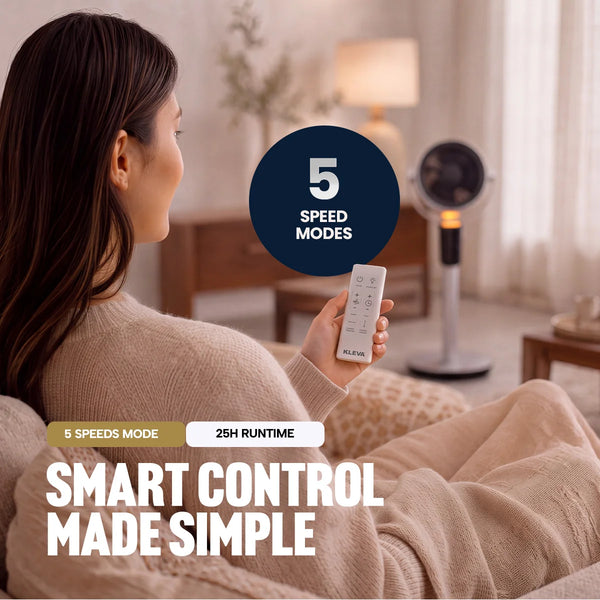 A person sits on a couch holding a remote, facing the Kleva Range KLEVA ChillOut Fan. Text on the image highlights five speed modes, a 25-hour runtime, and states: “Smart control made simple.” With Turbospin Airflow Technology, this portable fan from Kleva Range is perfect for creating a cozy living room atmosphere.