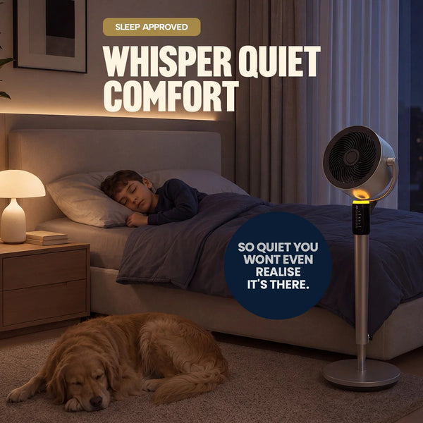 A child sleeps in bed while a dog rests on the floor nearby. Next to the bed, a modern Kleva Range KLEVA ChillOut Fan uses Turbospin Airflow Technology to create gentle, soothing breezes. Soft lighting fills the room. Text reads: WHISPER QUIET COMFORT. So quiet you won’t even realise it’s there.