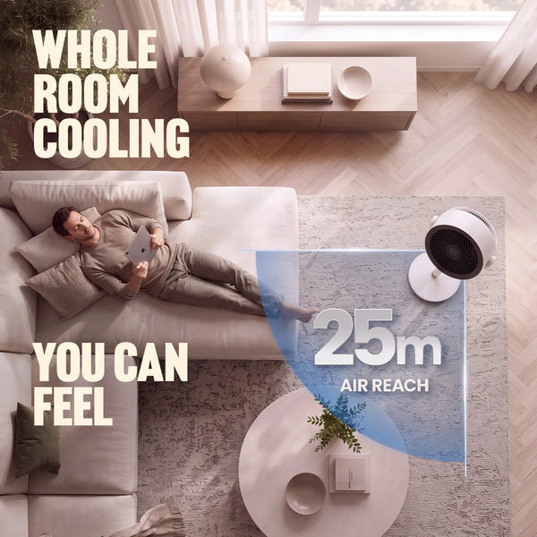 A man relaxes on an L-shaped sofa with a tablet in hand, surrounded by the comforts of a modern living room. The text, WHOLE ROOM COOLING YOU CAN FEEL, appears on screen. Beside him stands the KLEVA ChillOut Fan from Kleva Range, featuring advanced Turbospin Airflow Technology for impressive 25m AIR REACH—providing powerful and refreshing comfort throughout the space with this innovative portable fan.