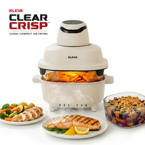 Kleva Clear Crisp 4.5L glass air fryer with transparent bowl cooking salmon, vegetables and chicken using clean 360° hot air circulation
