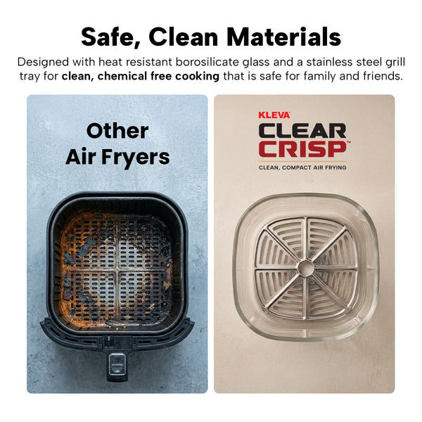 Glass air fryer vs traditional air fryer basket showing clean borosilicate glass and stainless steel tray
