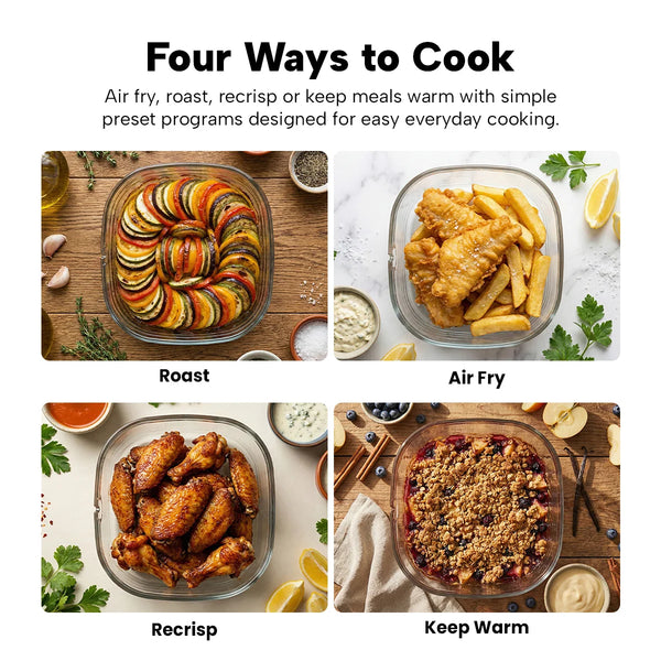 Glass air fryer cooking modes roast air fry recrisp and keep warm with different meals