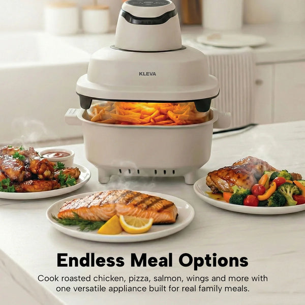 Family meals cooked in glass air fryer including salmon chicken wings and vegetables