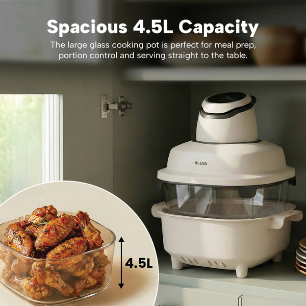 4.5L glass air fryer capacity showing large cooking bowl for meal prep and family portions