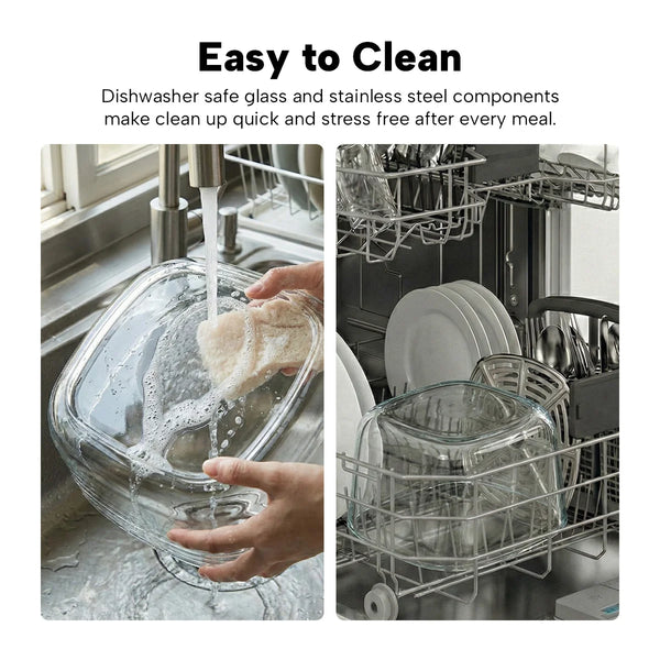 Dishwasher safe glass air fryer bowl being cleaned easily in sink and dishwasher