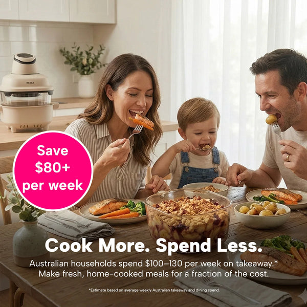 Family eating home cooked meals using air fryer saving money on takeaway