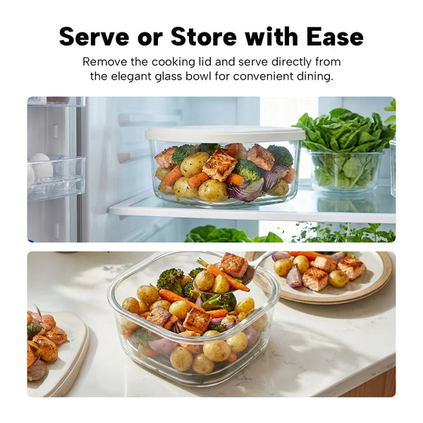 Glass air fryer bowl used for food storage in fridge and serving directly on table