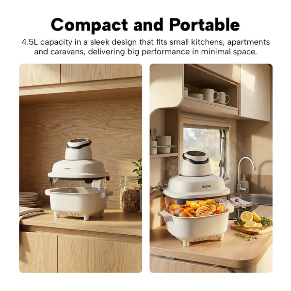 Compact glass air fryer design for small kitchens apartments and caravans