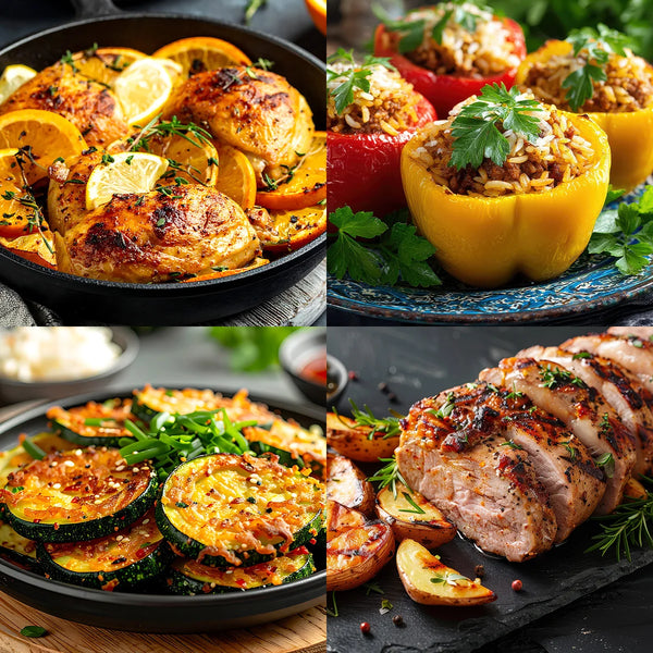 Glass air fryer cooking multiple meals including chicken vegetables and stuffed peppers