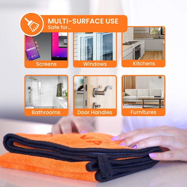 A person folds orange and black Kleva Range The World's Best Cleaning Cloths. Icons/photos show uses—screens, windows, kitchens, bathrooms, door handles, furniture. These reusable cloths are perfect for eco-friendly cleaning.