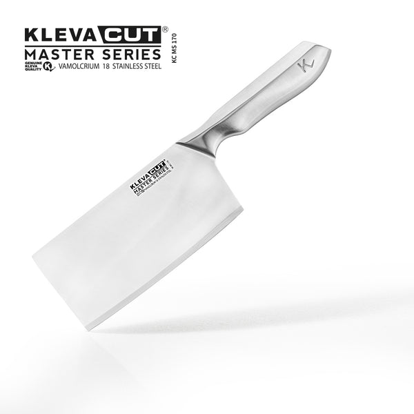 The KlevaCut® Master Series Professional Cleaver Knife - 18cm by Kleva Range is displayed on a white background, showcasing its heavy-duty Japanese steel blade and ergonomic handle with visible branding.