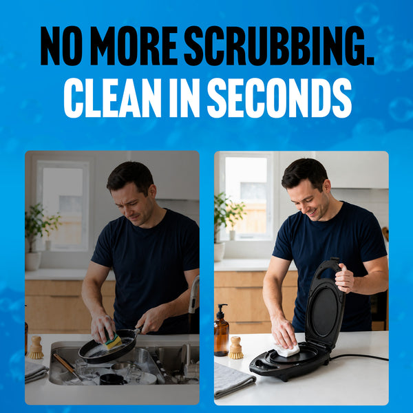 A man cleans a KLEVA Quick Grill non-stick plate with a sponge in the sink, then wipes it inside the appliance. Text reads: No more scrubbing. Clean in seconds with KLEVA Quick Grill’s non-stick plates from Kleva Range.