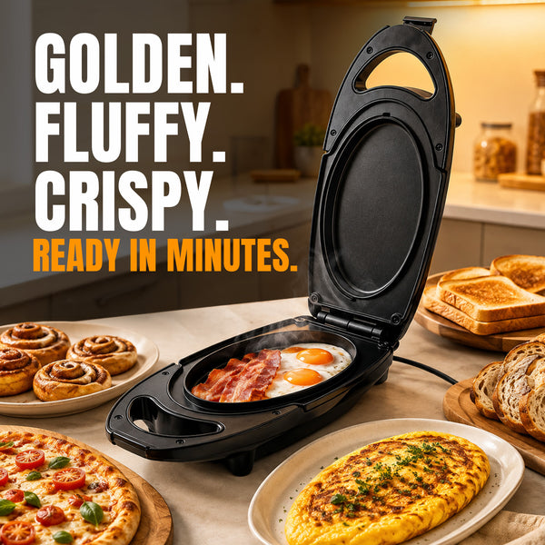 A kitchen counter with the KLEVA Quick Grill by Kleva Range open and sizzling, double-sided cooking eggs and bacon to perfection. Plates of cinnamon rolls, toast, and omelets surround the grill. Text on image reads: GOLDEN. FLUFFY. CRISPY. READY IN MINUTES.